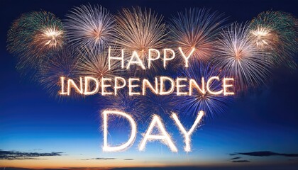 Sparkler independence day text colorful firework illumination on twilight dark blue sky background
