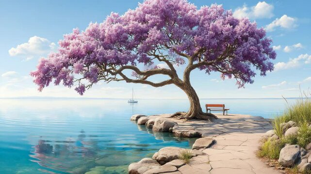 peaceful lilac tree view by the lake with peaceful lilac tree branches and peaceful lilac tree reflection in calm water,peaceful lilac landscape lake lilac blossom
tranquil bench view

