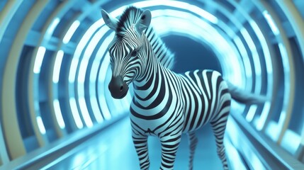 A zebra is standing in a tunnel with blue walls