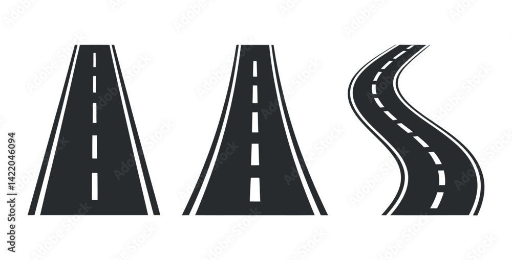 Poster vector illustration set of straight and curved roads with dashed lines for transportation and naviga