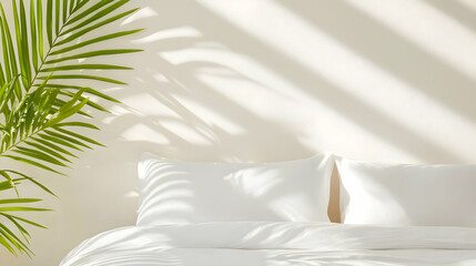 Fototapeta premium Bright Sunlight Illuminates White Bedroom with Palm Plant