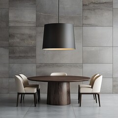 Modern Dining Room with Round Table, Stylish Chairs, and Contemporary Lighting Fixture in an Elegant Setting.