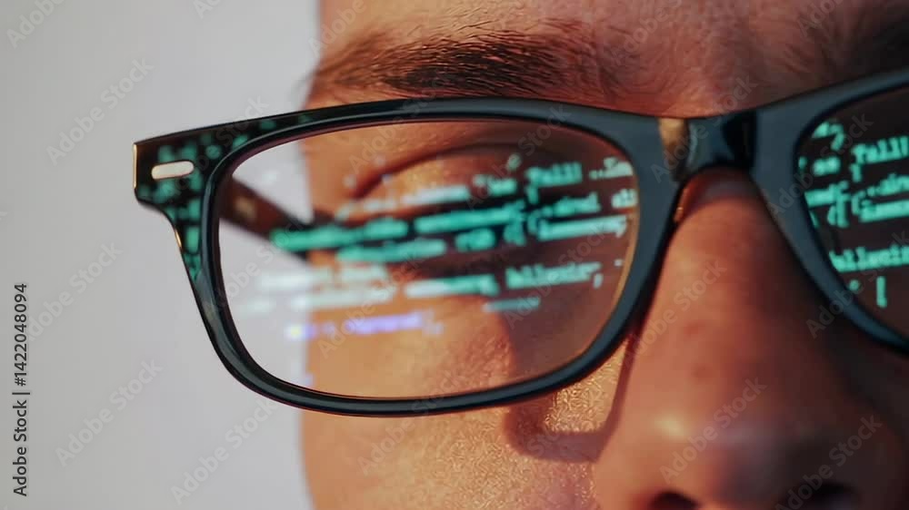 Leinwandbilder Concentrated programmer working intently, code reflecting on glasses during deep focus on complex software development task, embodying technological expertise and creative problem solving
