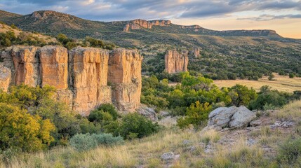 Fototapeta premium Sandstone formations in a desert canyon glowing in sunset light