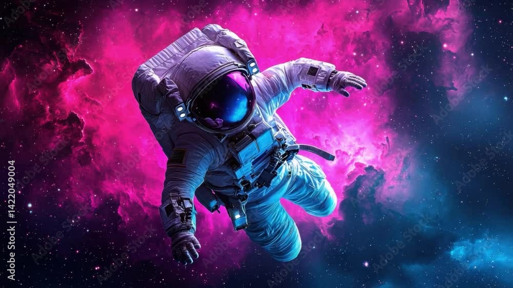 Poster astronaut floating in colorful nebula in outer space, cosmic exploration and adventure theme