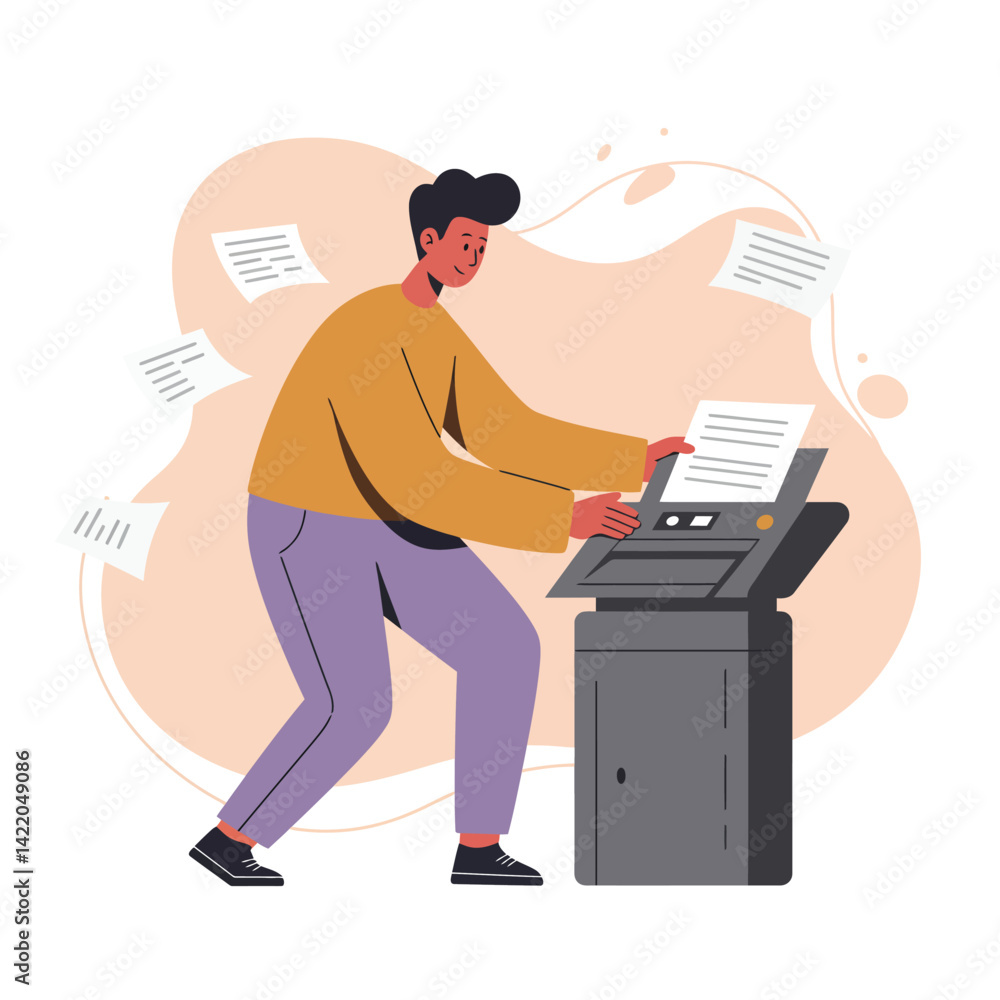 Aufkleber man using office printer copier machine for document printing and copying workflow efficiency