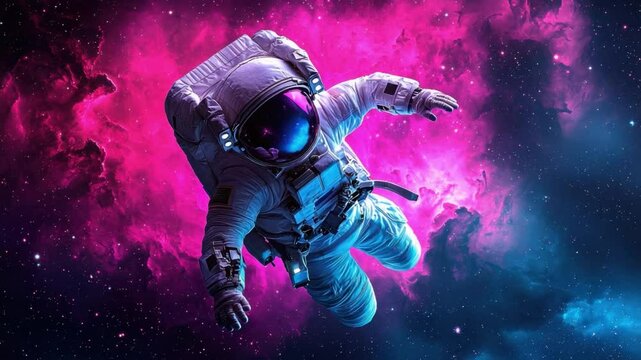 Astronaut Floating in Colorful Nebula in Outer Space, Cosmic Exploration and Adventure Theme