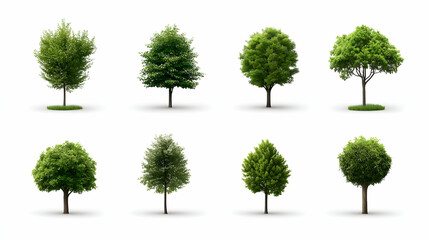 Collection of Eight Lush Green Trees on White Background