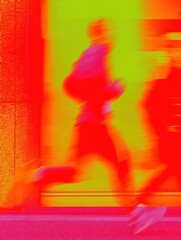 Blurred runner passing a colorful wall
