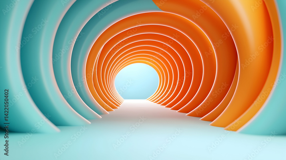 Poster abstract golden light tunnel with circular orange and teal patterns