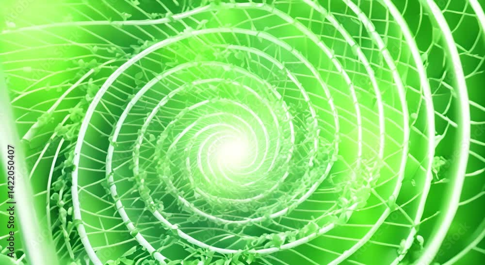 Poster soft white light diffusing outward in an intricate spiral pattern surrounded by a lush green backgro