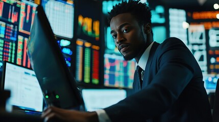 Focused african american stockbroker trading with modern technology interface