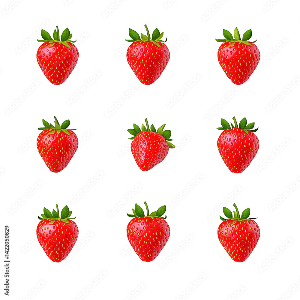 Poster nine vibrant red strawberries with green leaves are arranged in grid pattern on transparency backgro