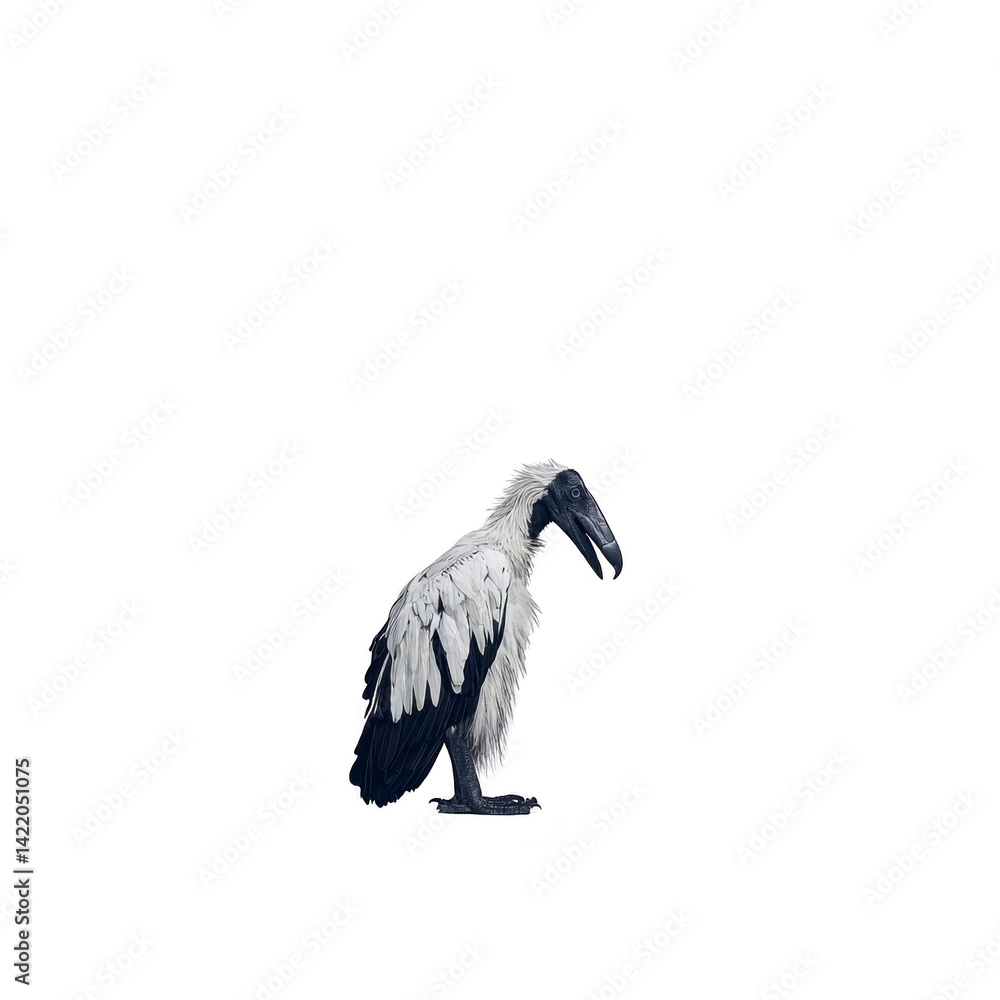 Poster vulture with white and black feathers stands against plain background, showcasing its distinctive fe