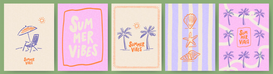 Abstract summer posters in art sketch doodle style with hand drawn elements: beach chair with umbrella, palm tree, seashells and typography design. Trendy summer design for branding, ads, print, decor