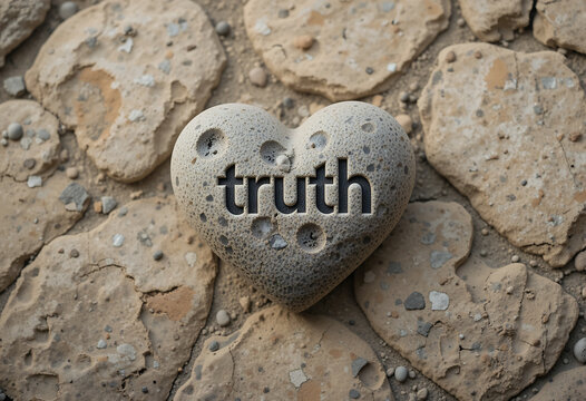 Heart-shaped stone with the word truth engraved on a textured surface