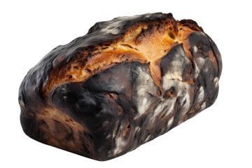 A tragically charred loaf of bread, once golden and promising, now bears the marks of a baking mishap, a somber testament to culinary misfortune against a stark white background.