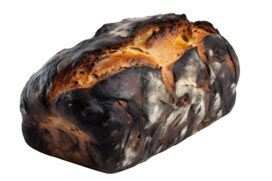 A tragically charred loaf of bread, once golden and promising, now bears the marks of a baking mishap, a somber testament to culinary misfortune against a stark white background.