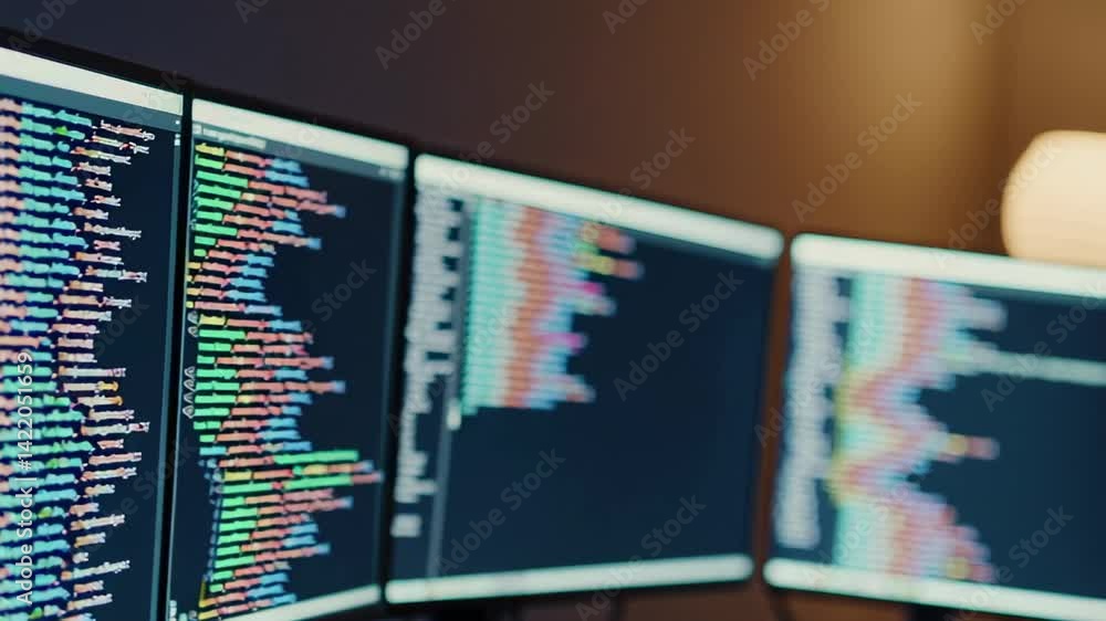Aufkleber Software developer working late at night analyzing code on multiple computer screens, focusing on problem solving and software development in a dark office environment