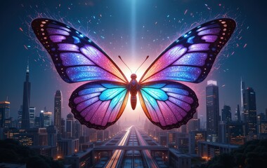 A vibrant butterfly gracefully flutters above a bustling city skyline, its colorful wings contrasting against the towering skyscrapers and the soft glow of the sunset.