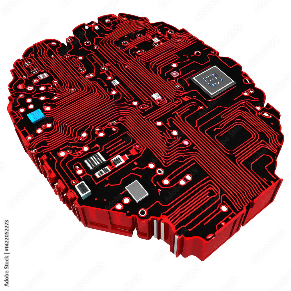 Aufkleber digital illustration of brain shaped circuit board with intricate red and black pathways, symbolizin