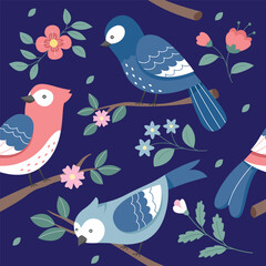 Vector spring birds seamless pattern background