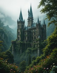 Naklejka premium A majestic stone castle rises amidst a lush forest, its tall towers and battlements peeking through vibrant green trees, creating a captivating blend of nature and history.