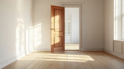 Wooden door slightly ajar revealing a bright and open interior space decorated with light toned flooring : Generative AI.