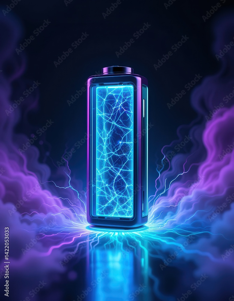 Poster a sleek, modern cell phone rests on a reflective surface, illuminated by a dramatic lightning bolt s