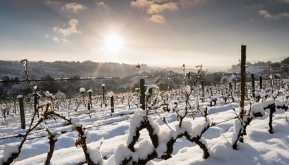 winter in the vineyard with snow blankets dormant vines