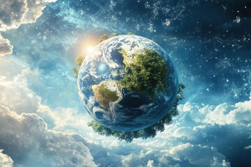 Beautiful planet earth floating in space with lush greenery under starry sky