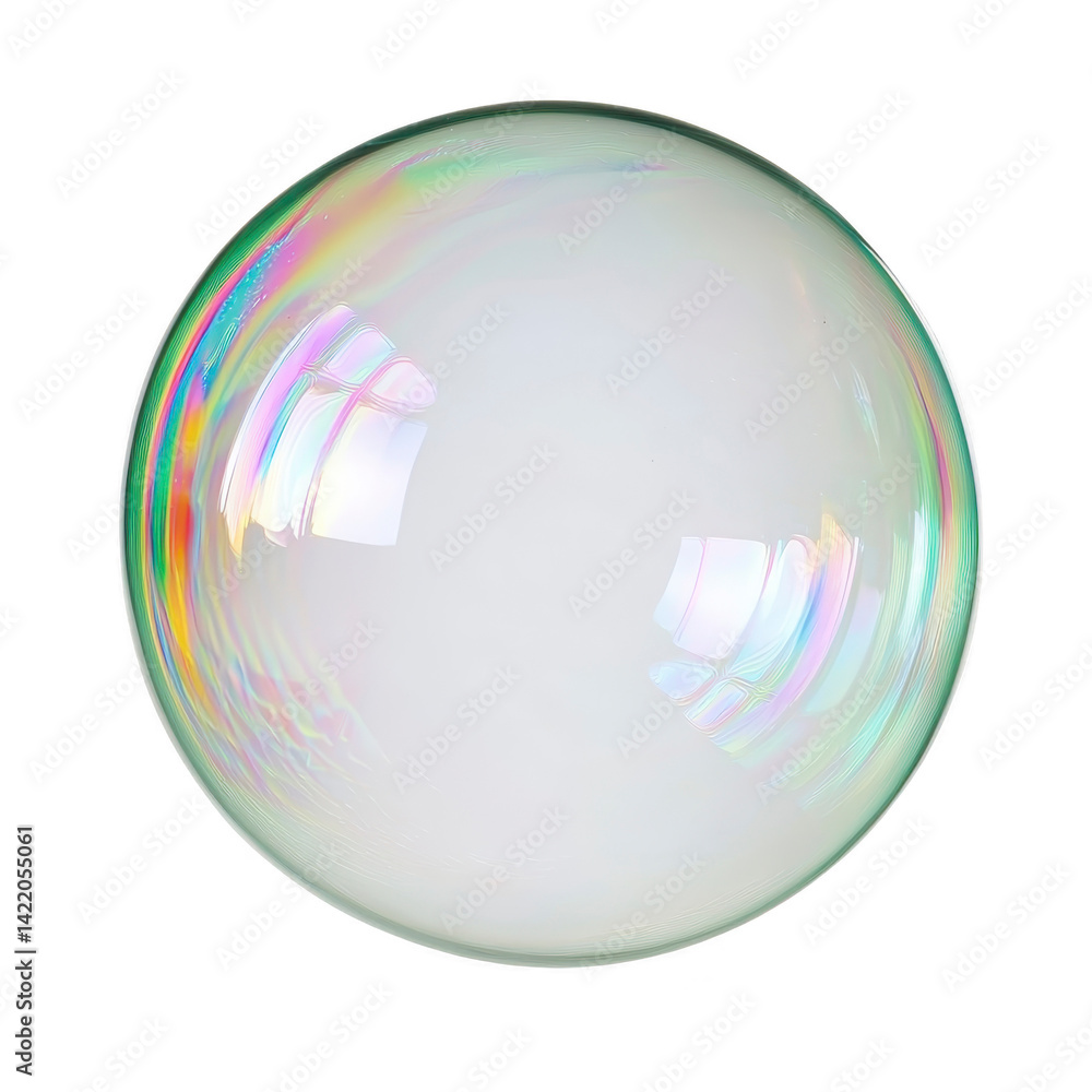 Poster single, iridescent soap bubble floats against transparency background, displaying spectrum of colors