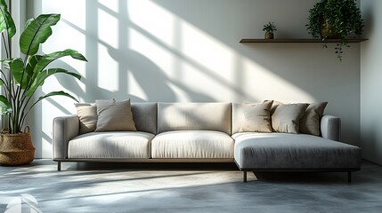 Desain interior minimalis ruang tamu modern dengan sofa abu-abu di dinding putih, dilengkapi rak dan tanaman di lantai beton. Mock-up latar belakang interior. Lensa sudut lebar, pencahayaan realistis