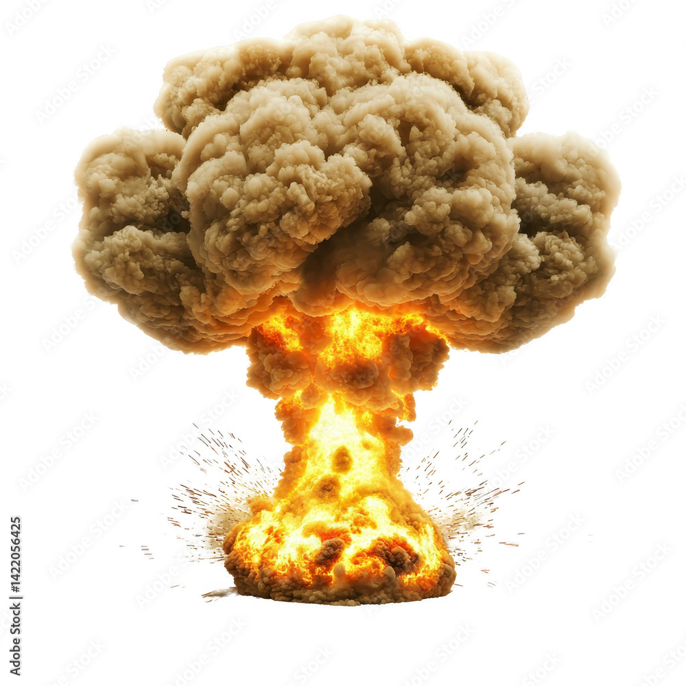 Poster massive explosion with fiery blast and billowing smoke forms mushroom cloud, capturing intense energ