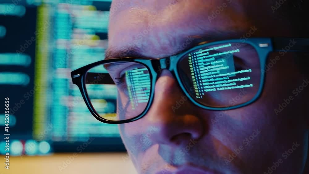 Aufkleber Software developer wearing eyeglasses working intently, computer screen reflection revealing lines of code while analyzing complex programming project in modern office environment