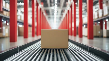 Cardboard box on conveyor belt in a warehouse with red support columns.