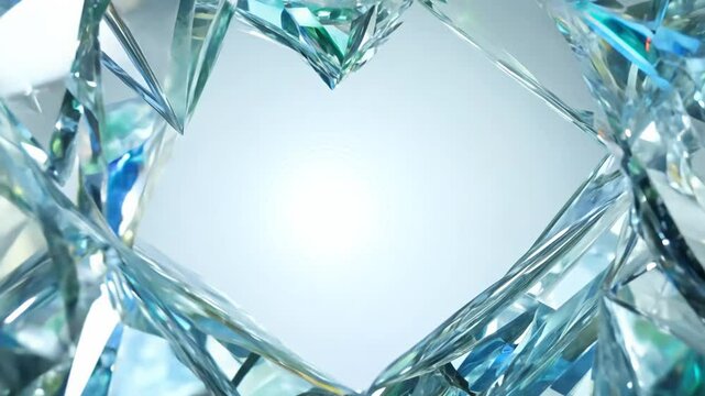The camera steadily zooms in on an explosion of shimmering glass shards, a burst of sparkling fragments that catch and refract light