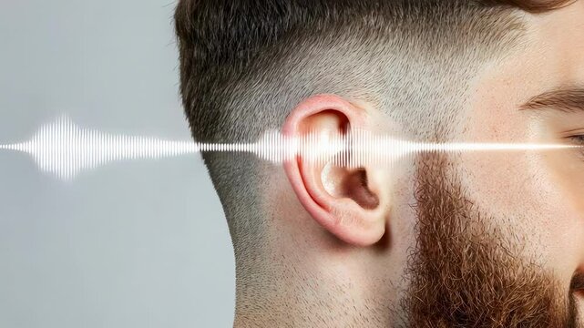 Sound waves entering human ear canal, revealing intricate auditory pathway and potential hearing challenges within medical diagnostic context