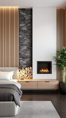 modern bedroom interior with minimalist fireplace and wooden wall paneling