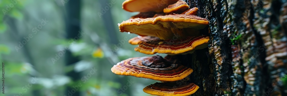 Aufkleber macro view of layered shelf fungus (bracket fungus) growing horizontally on textured tree bark in a 