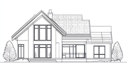 Modern house architectural plan, exterior view, with landscaping