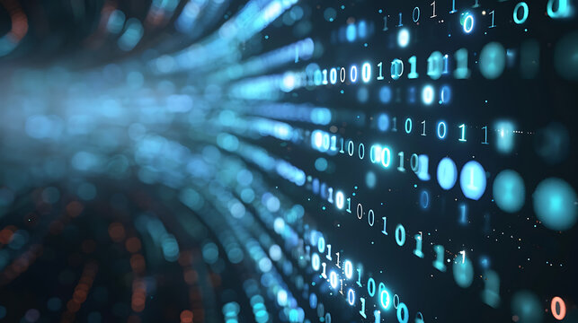 Perspective view into a tunnel of glowing blue binary code (zeros and ones), symbolizing data stream, information technology, cyberspace, big data, and digital communication.
