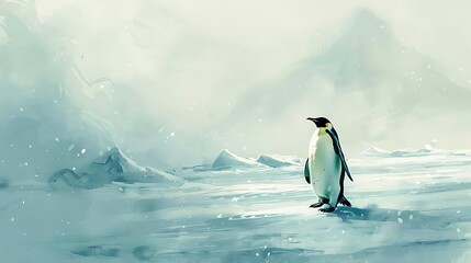 Obraz premium A lone penguin waddling across an icy landscape, surrounded by snow and icebergs
