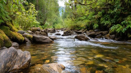 Obraz premium Serene river flowing through lush greenery in a tranquil forest setting, showcasing nature's beauty