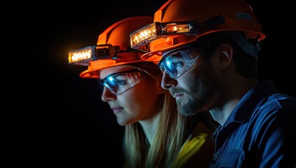 Fototapeta premium Three workers wearing hard hats and safety glasses look forward in a dark setting.