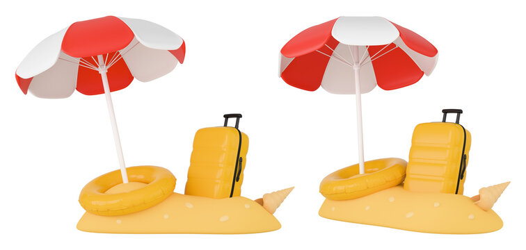Sand islans set with beach umbrella, swimming ring and suitcase. Vacation banner concept. 3D rendering.