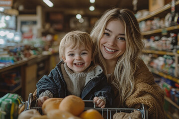 Mother and child shopping in a grocery store, selecting fresh fruits and vegetables together with a shopping cart.