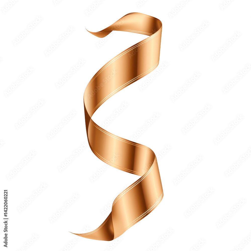 Poster shiny, golden ribbon elegantly twists and curls against transparency background, creating sense of l
