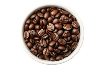 Fototapeta premium Rich, dark coffee beans brimming with the promise of a perfect morning, nestled in a simple white bowl against a clean white background.