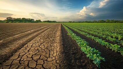 Field divided between drought cracked earth and healthy green crops under sky.